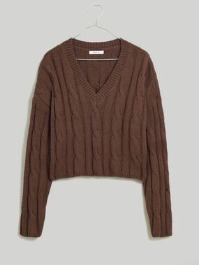V-Neck Cable Knit cropped Sweater - Brown